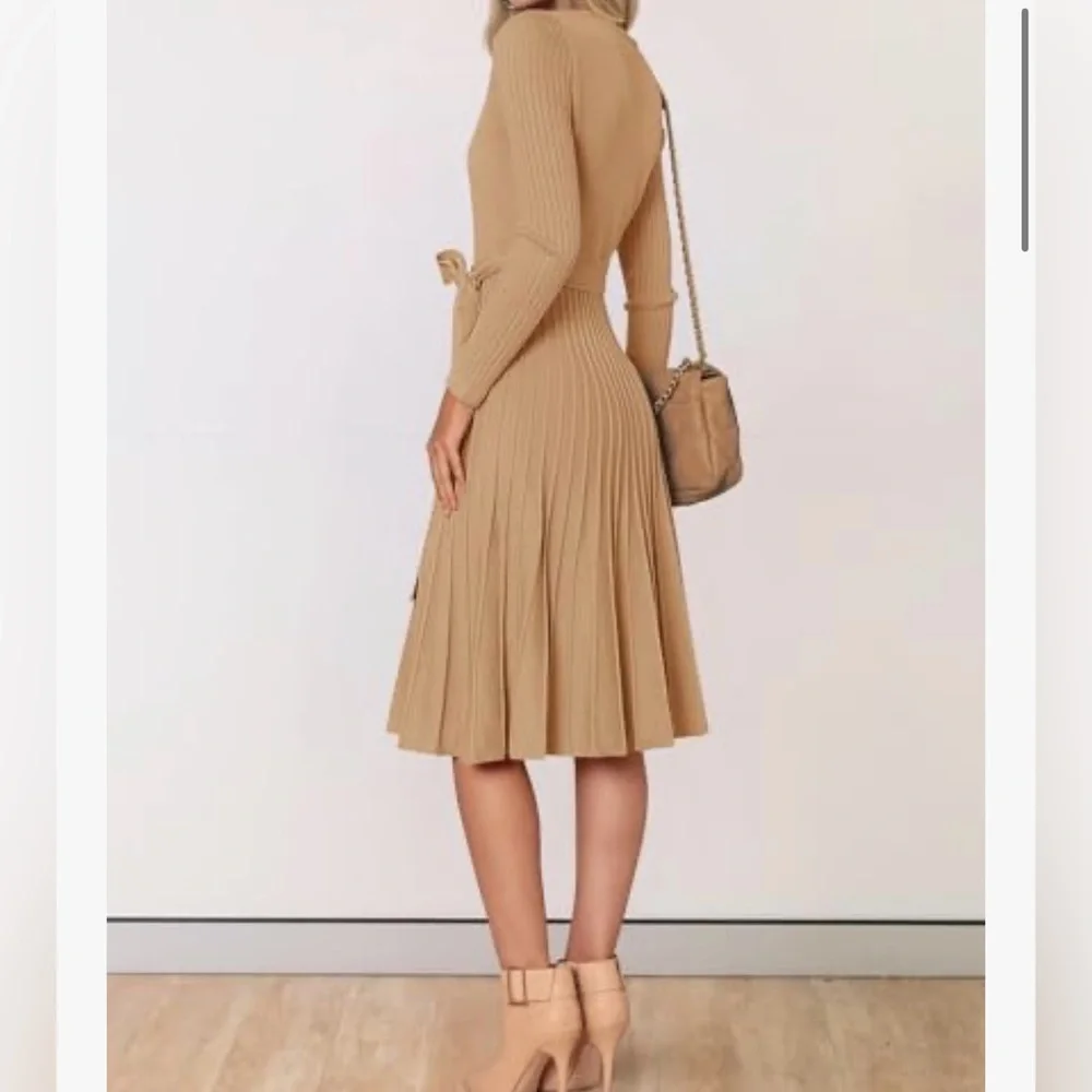 Tan A-Line Wrap Dress with Cuffed Sleeves